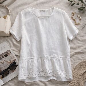 Terzo Millennio Italian Linen Blouse 100% Linen White Eyelet Hem L